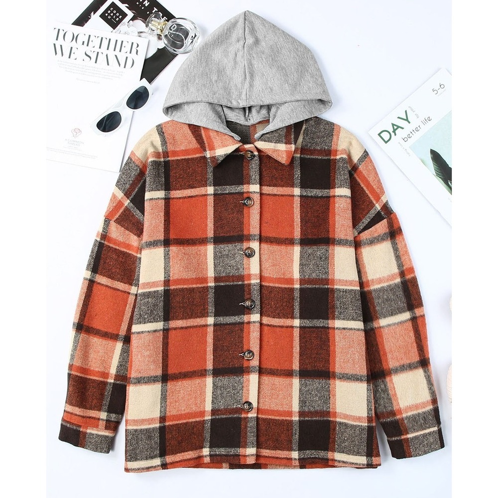 Orange Plaid Large Shacket Women Detachable Hood NWT Long Sleeve Button Closure